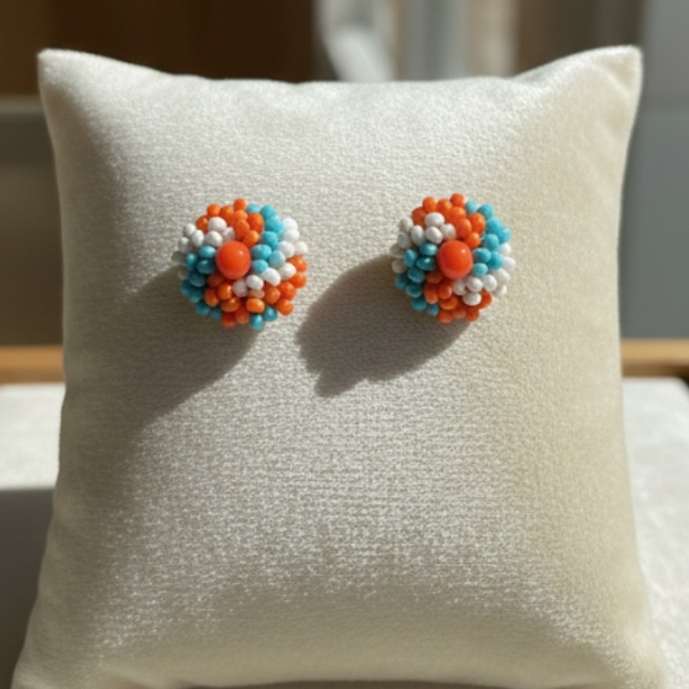 Hand Made Colorful Orange and Teal Beaded Stud Earrings